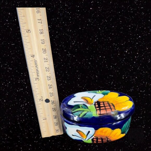 Mexican Pottery Trinket Box Jewelry Storage Box Talavera Pottery Painted Flowers - Picture 3 of 12